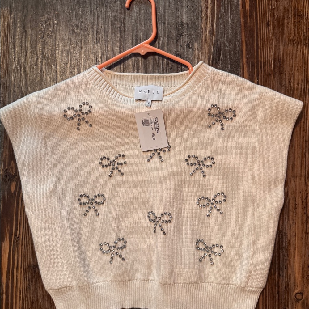 Cream Crew Neck Sweater with Bow Embellishments